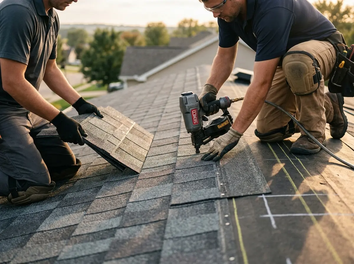 Professional roofer working on a residential roof in Battle Ground